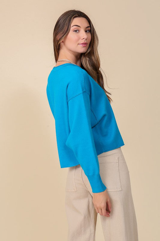 SOLID DROP SHOULDER V NECK TOP Sweater