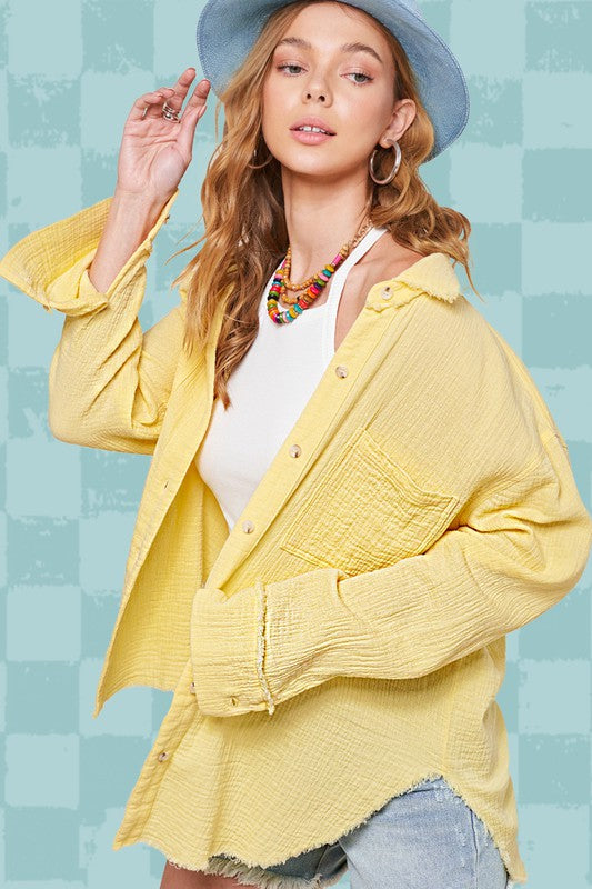 Soft Washed Crinkled Gauze Button Down Shirt LEMON Shirt