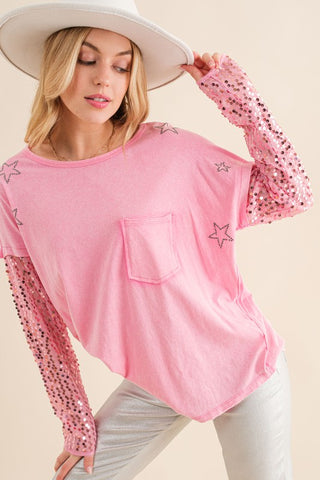 Star Printed Shoulder Sequin SLV Top Hot Pink Top