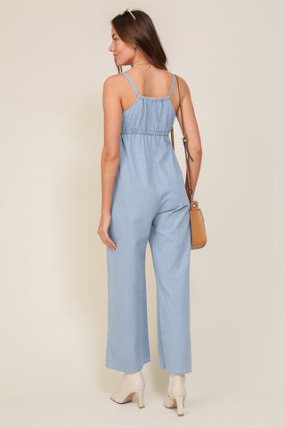 DENIM BLUE SLEEVELESS JUMPSUIT WITH SELF FRONT TIE Jumpsuits and Rompers