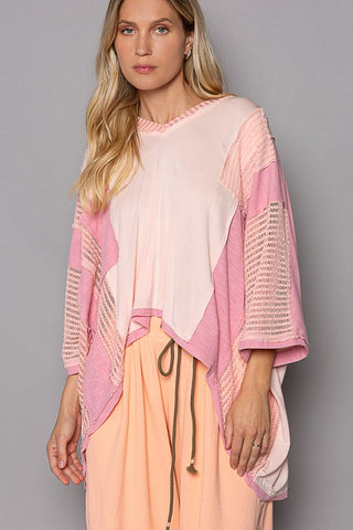 Oversize High-Low Contrast V-Neck 3/4 Sleeve Top PEACH BLUSH top