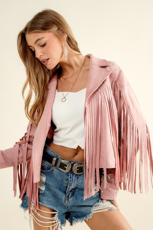 Studded Fringe Open Western Jacket Blush Jacket