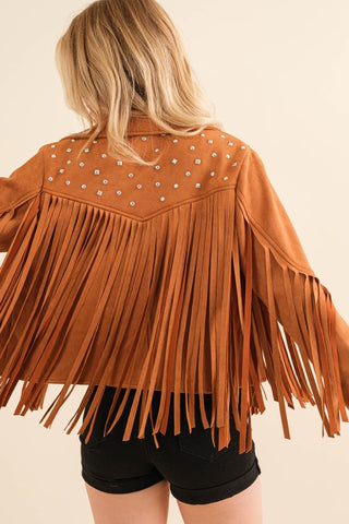 Studded Fringe Open Western Jacket Camel Jacket