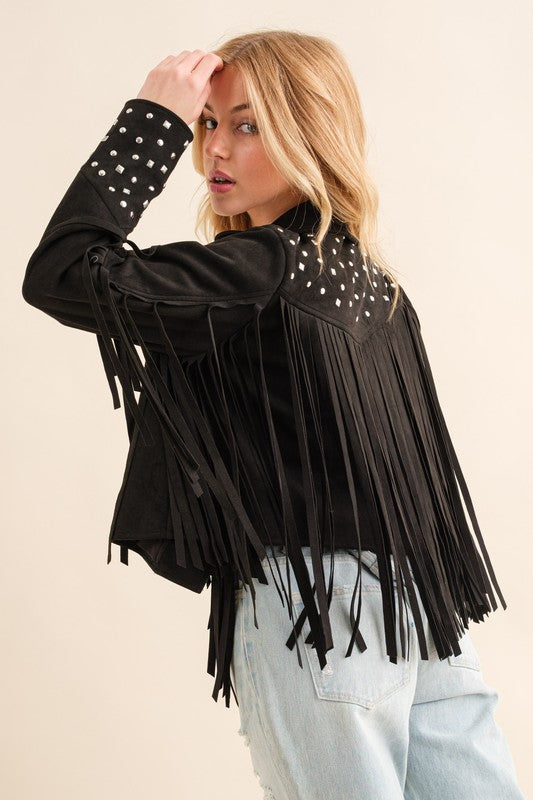 Studded Fringe Open Western Jacket Black Jacket