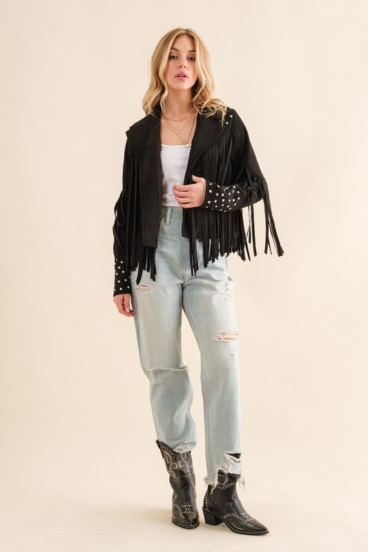 Studded Fringe Open Western Jacket Jacket