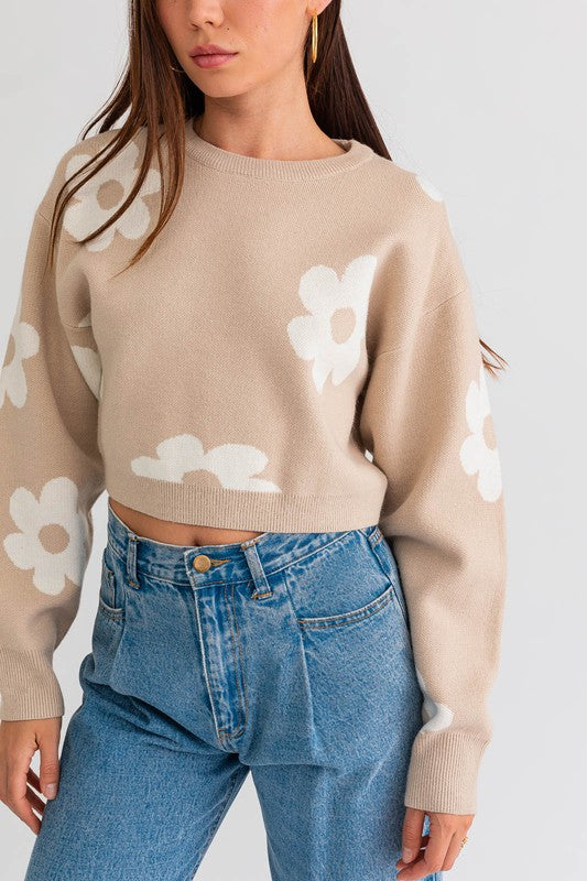 Long Sleeve Crop Sweater with Daisy Pattern Sweater