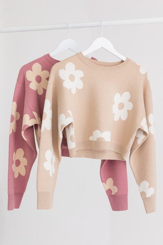 Long Sleeve Crop Sweater with Daisy Pattern Sweater