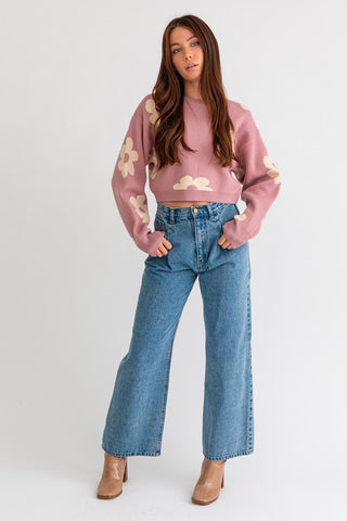 Long Sleeve Crop Sweater with Daisy Pattern Sweater