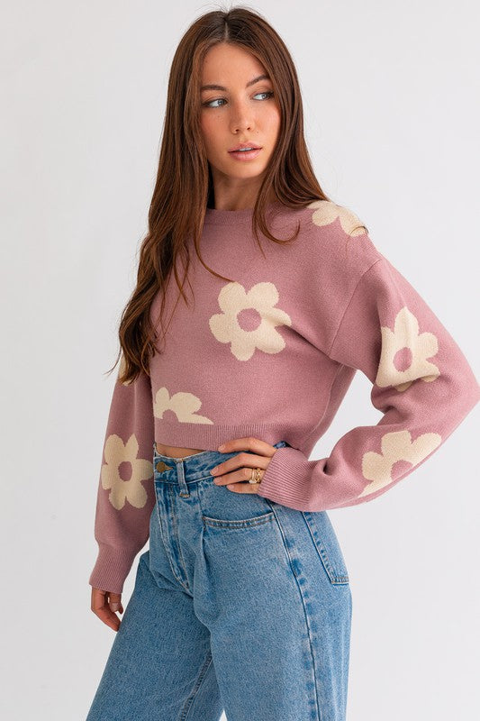 Long Sleeve Crop Sweater with Daisy Pattern Sweater