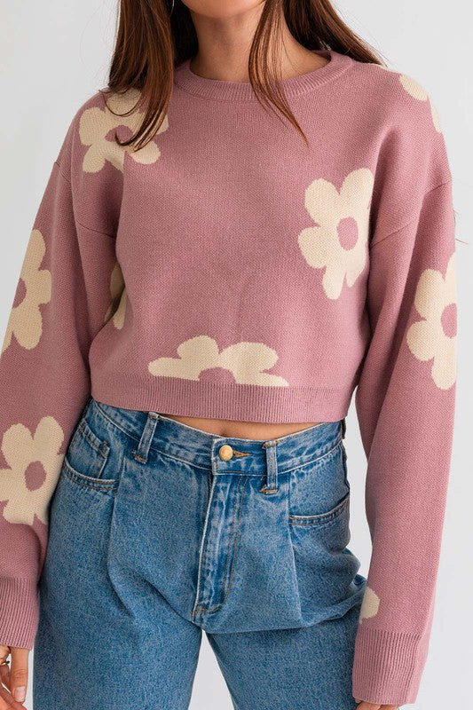 Long Sleeve Crop Sweater with Daisy Pattern Sweater