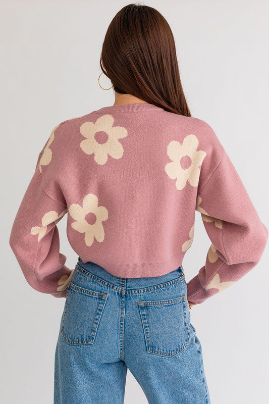 Long Sleeve Crop Sweater with Daisy Pattern Sweater
