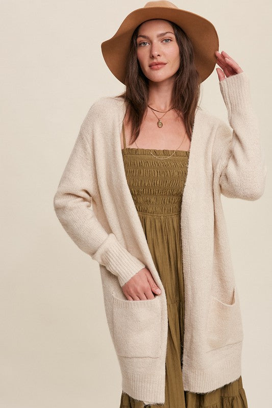 Two Pocket Open-Front Long Knit Cardigan Natural cardigan