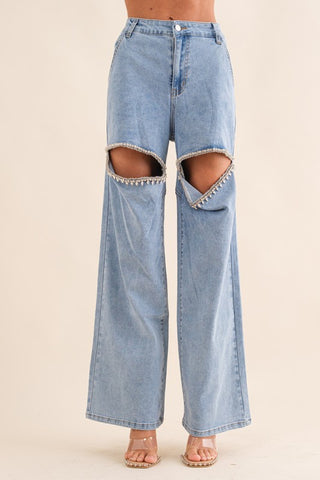 Washed Denim Cut Front Rhinestone Jeans Jeans