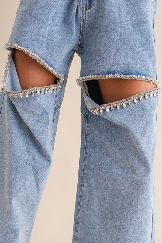 Washed Denim Cut Front Rhinestone Jeans Jeans