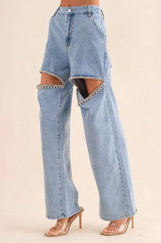 Washed Denim Cut Front Rhinestone Jeans LIGHT WASH Jeans