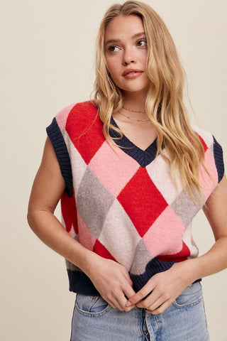 Argyle Cropped Sweater Vest Pink Multi vest