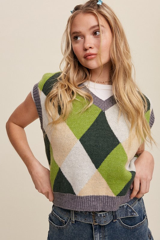 Argyle Cropped Sweater Vest Green Multi vest