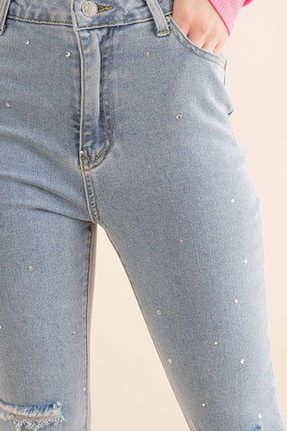 Studded Rhinestone Distressed Denim Jeans Denim pants