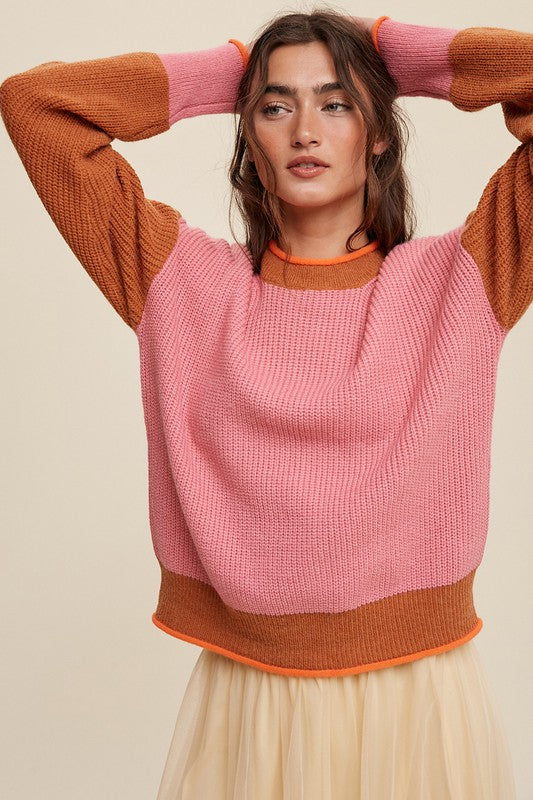 Color Block Ribbed Knit Sweater Pink Sweater