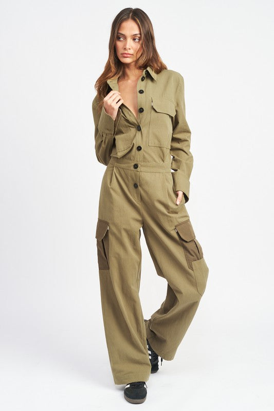Button down cargo jumpsuit OLIVE Jumpsuits and Rompers