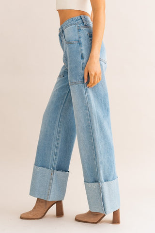 High-Waisted Wide Leg Cuffed Jeans Denim pants