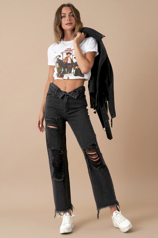 Flipped Waist Straight Leg Jeans WASHED BLACK Jeans