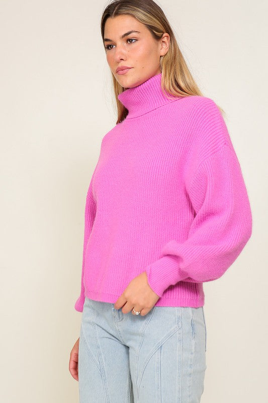 Rib Knitted Turtleneck Sweater with Bishop Sleeve Sweater