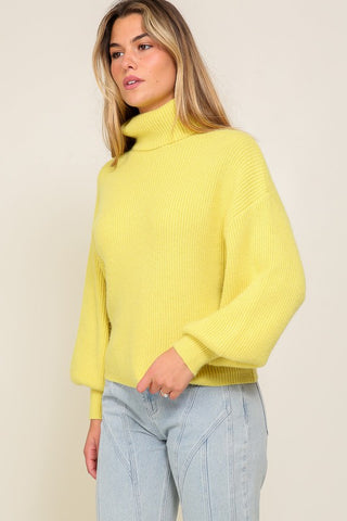 Rib Knitted Turtleneck Sweater with Bishop Sleeve Sweater