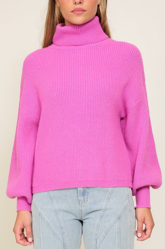 Rib Knitted Turtleneck Sweater with Bishop Sleeve Sweater