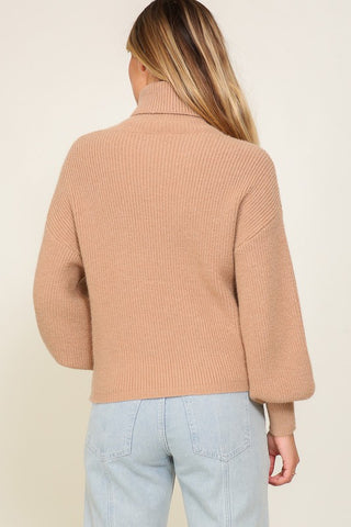 Rib Knitted Turtleneck Sweater with Bishop Sleeve Sweater