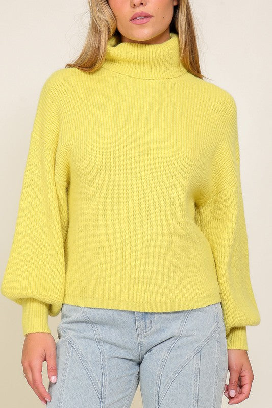 Rib Knitted Turtleneck Sweater with Bishop Sleeve Sweater