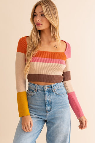 Long Sleeve Color Block Stripe Knit Top Top