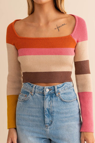 Long Sleeve Color Block Stripe Knit Top Top