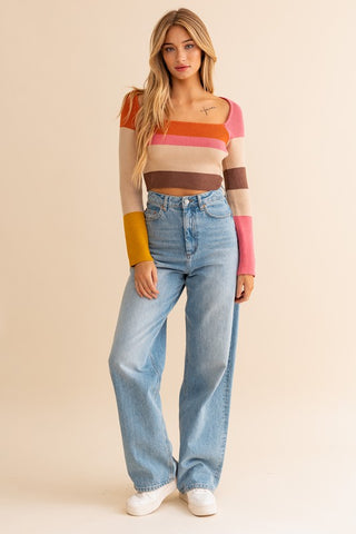 Long Sleeve Color Block Stripe Knit Top Top