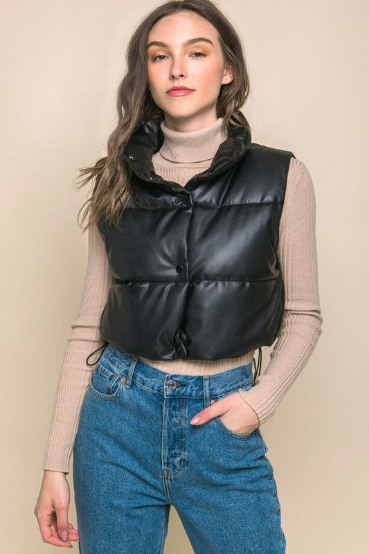 PU Faux Leather puffer West With Snap Button vest