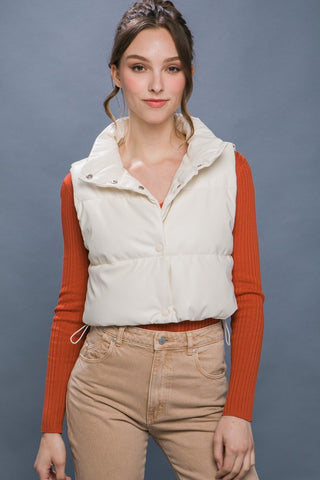 PU Faux Leather puffer West With Snap Button IVORY vest