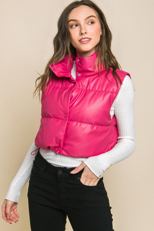 PU Faux Leather puffer West With Snap Button FUCHSIA vest
