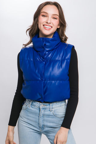 PU Faux Leather puffer West With Snap Button vest