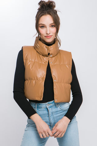 PU Faux Leather puffer West With Snap Button vest