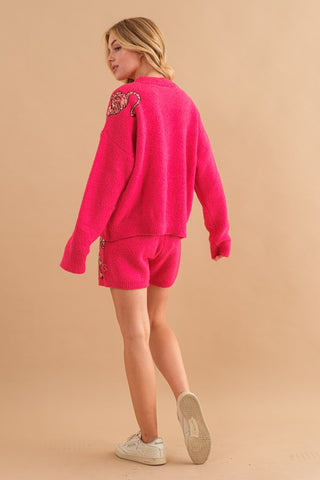 Cozy Soft Knitted Tiger Star Lounge Set Hot Pink Set
