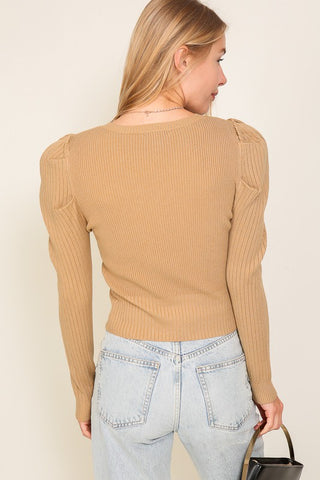 Ribbed Puff Sleeve Knit Top Sweater