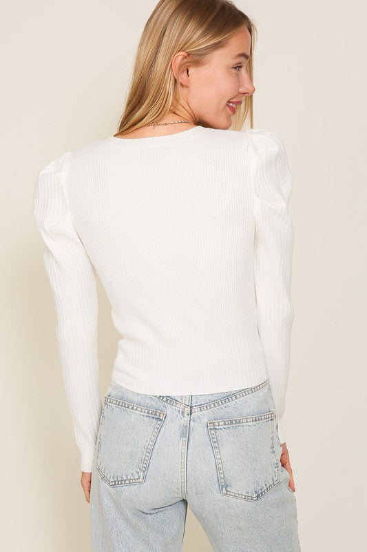 Ribbed Puff Sleeve Knit Top Sweater