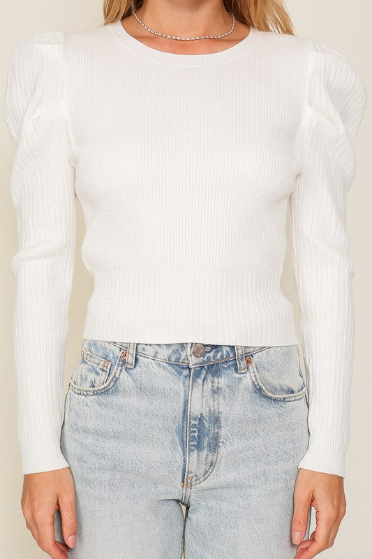 Ribbed Puff Sleeve Knit Top Sweater