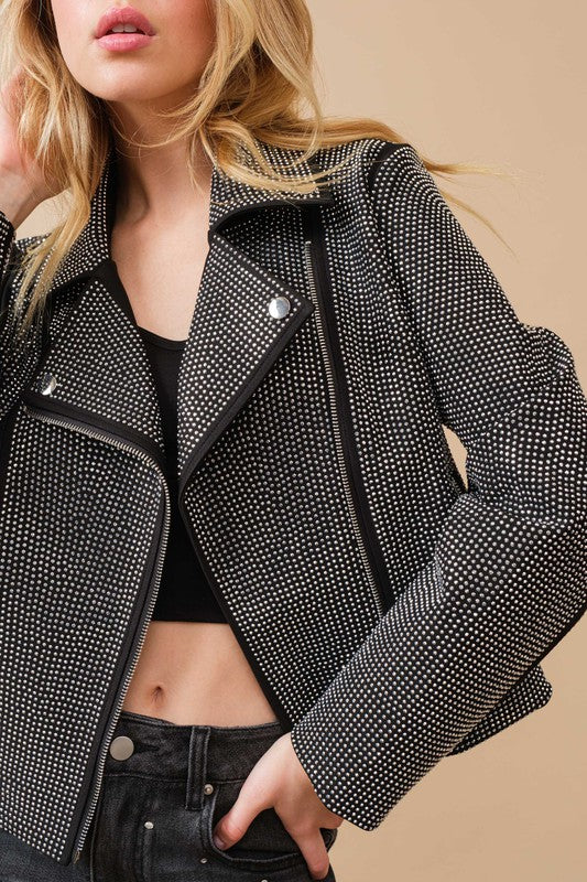 Crystal Studded Stretch Zip Up Moto Jacket Jacket