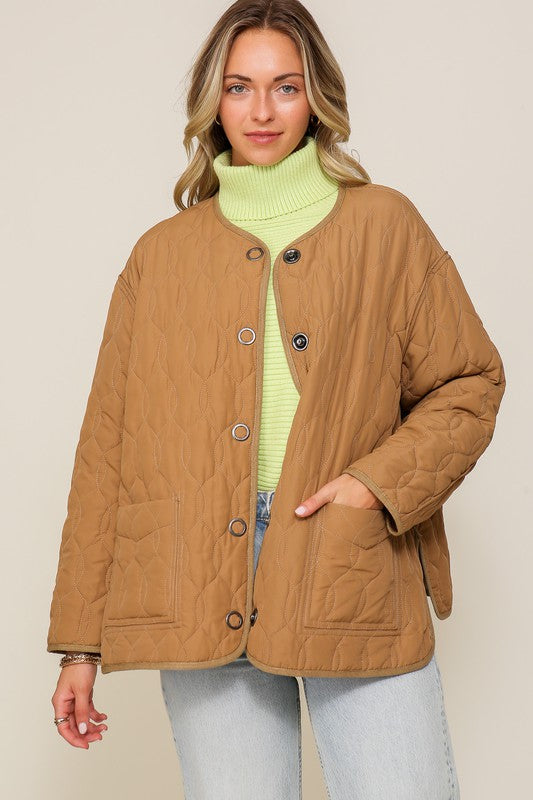 Quilted Puffer Jacket with Pockets Brown Jacket