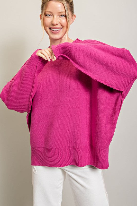 Long Sleeve Ribbed Sweater HOT PINK Sweater