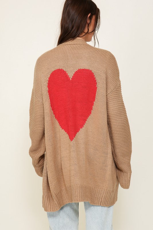 Long Sleeve Open Front Cardigan With Back Heart TAUPE COMBO cardigan