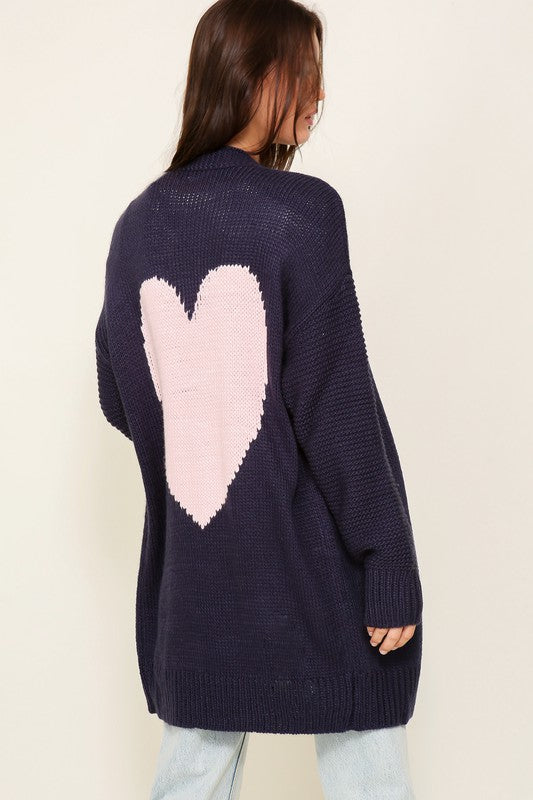 Long Sleeve Open Front Cardigan With Back Heart Navy Combo cardigan