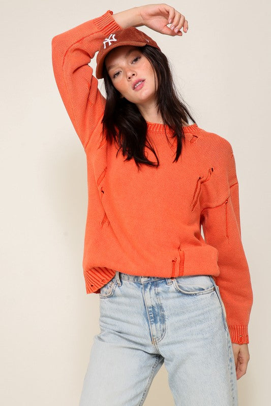 Mineral Wash Distressed Sweater Orange Sweater