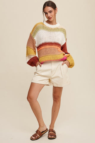 Open Mixed Knit Slouchy Hand Crochet Sweater Sweater